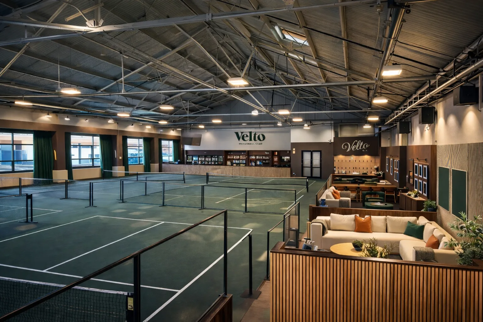 Wide facility view showing courts and lounge